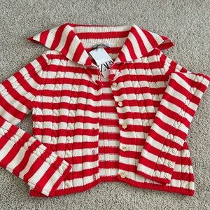 NWT - ZARA CROPPED STRIPED RED CARDIGAN